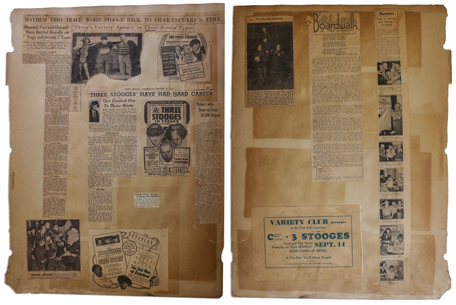 Circa 1937 Handbill Measuring 8.75'' x 6'', for a 3 Stooges Show, Glued to 18'' x 24'' Scrapbook Sheet With Moe's News Clippings From 1937 -- Chipping & Toning, Overall Good
